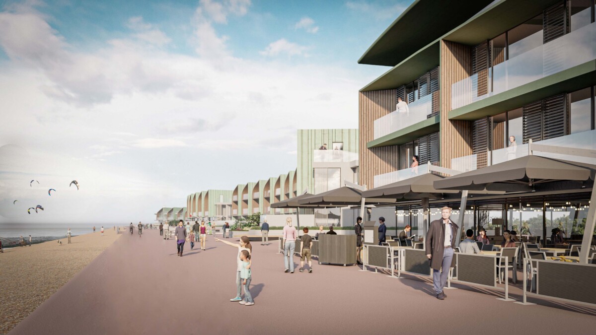 CGI of the Princes Parade seafront promenade with cafes and homes