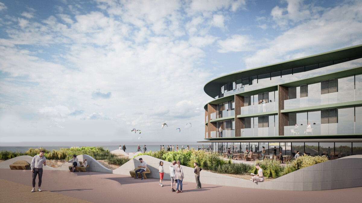 CGI of the curved seafront building and landscaped public realm at Princes Parade