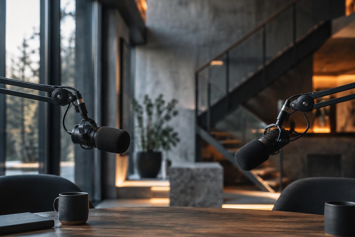 Podcast microphones set up in a modern architectural interior