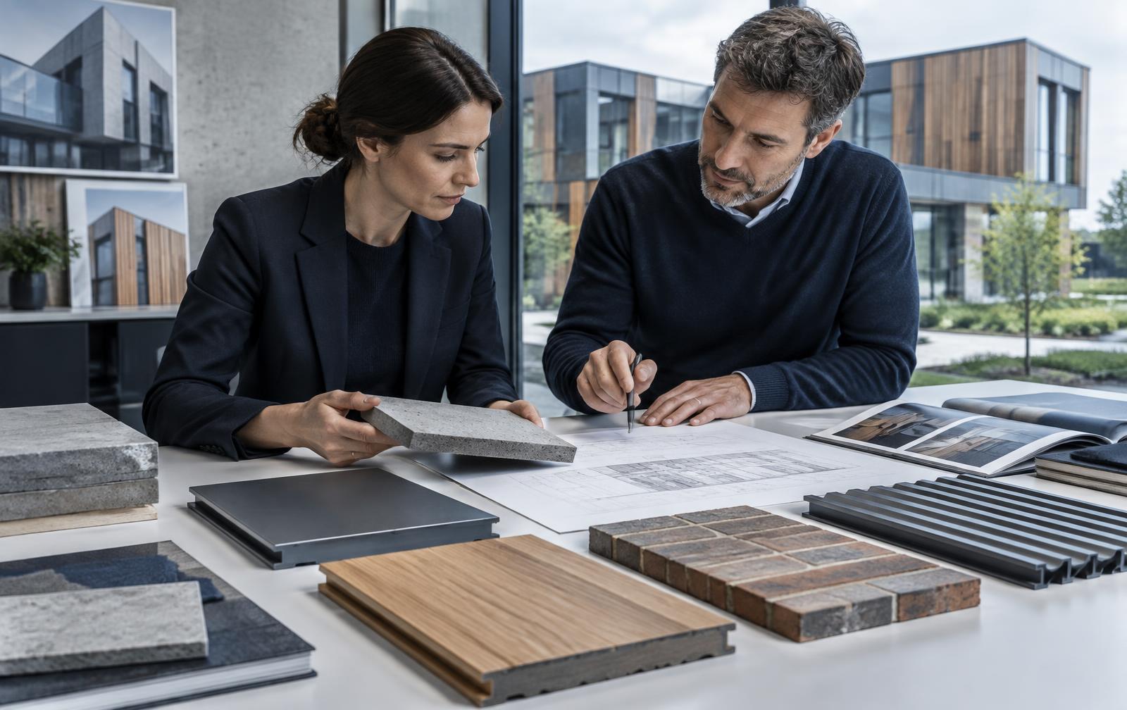 Architect and technical product specialist reviewing material samples and drawings
