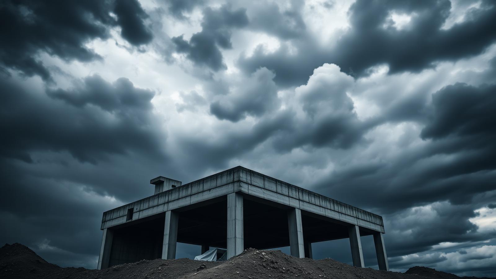 Unfinished concrete structure beneath a dramatic storm sky