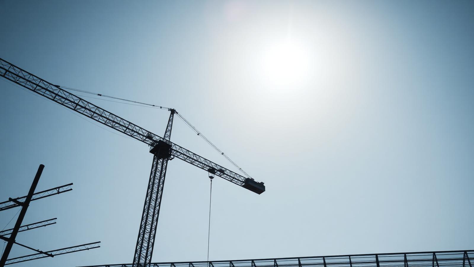 Tower crane silhouetted against a bright sky above a steel frame